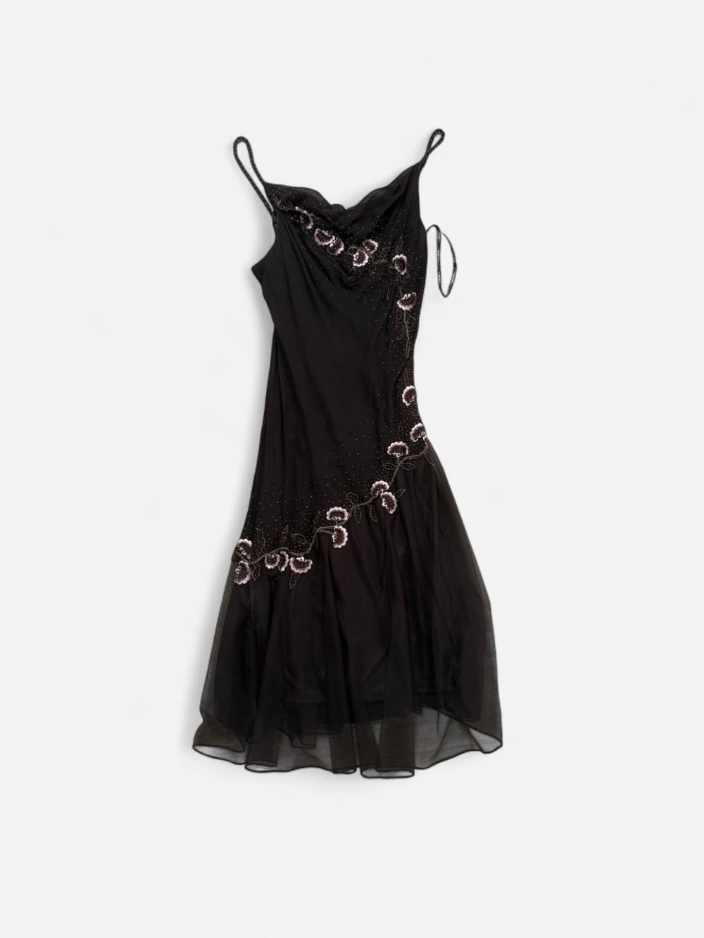 Xscape Black Slip Midi Dress with Beaded Floral Accents